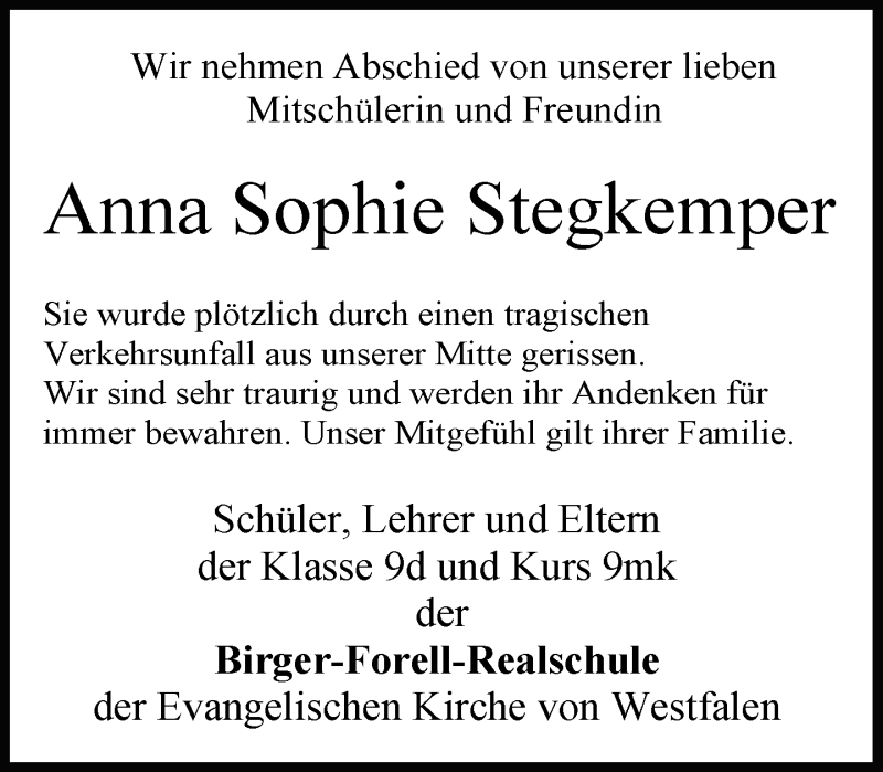  Traueranzeige für Anna Sophie  Stegkemper vom 15.01.2013 aus Neue Westfälische