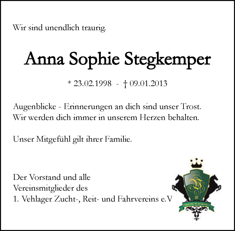  Traueranzeige für Anna Sophie  Stegkemper vom 16.01.2013 aus Neue Westfälische