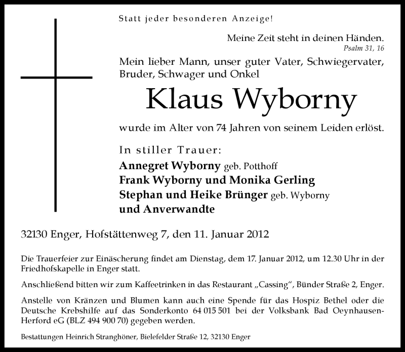  Traueranzeige für Klaus Wyborny vom 14.01.2012 aus Neue Westfälische