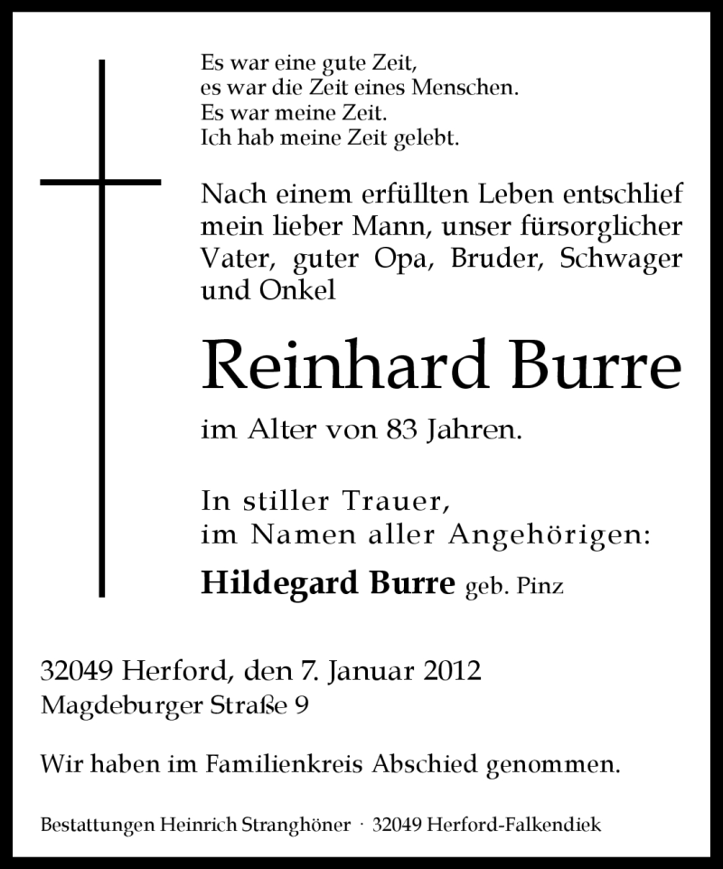  Traueranzeige für Reinhard Burre vom 14.01.2012 aus Neue Westfälische
