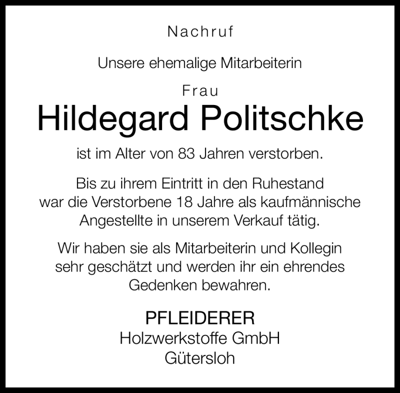  Traueranzeige für Hildegard Politschke vom 16.01.2012 aus Neue Westfälische