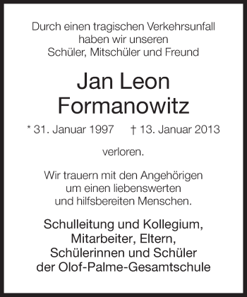 Traueranzeige von Jan Leon  Formanowitz von Neue Westfälische