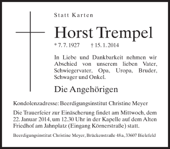 Traueranzeige von Horst Trempel von Neue Westfälische