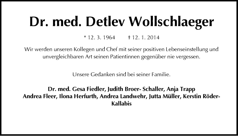  Traueranzeige für Detlev Wollschlaeger vom 18.01.2014 aus Neue Westfälische