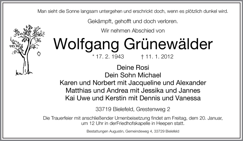  Traueranzeige für Wolfgang Grünewälder vom 16.01.2012 aus Neue Westfälische