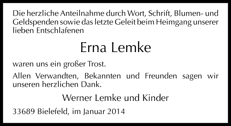  Traueranzeige für Erna Lemke vom 18.01.2014 aus Neue Westfälische