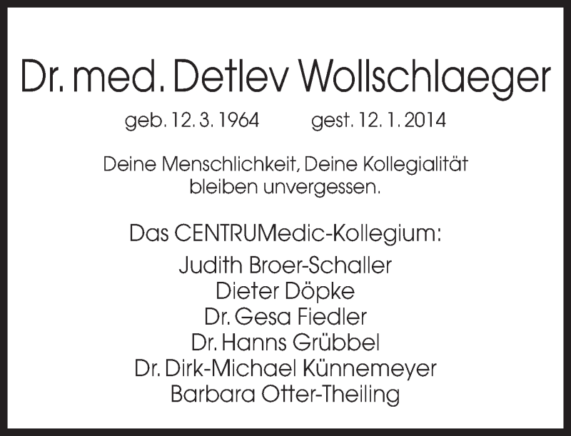  Traueranzeige für Detlev Wollschlaeger vom 18.01.2014 aus Neue Westfälische