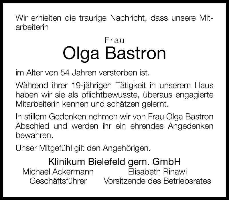  Traueranzeige für Olga Bastron vom 21.01.2014 aus Neue Westfälische