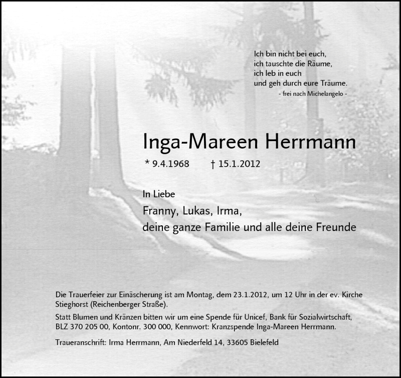  Traueranzeige für Inga-Mareen Herrmann vom 19.01.2012 aus Neue Westfälische