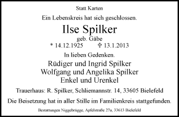 Traueranzeige von Ilse Spilker von Neue Westfälische