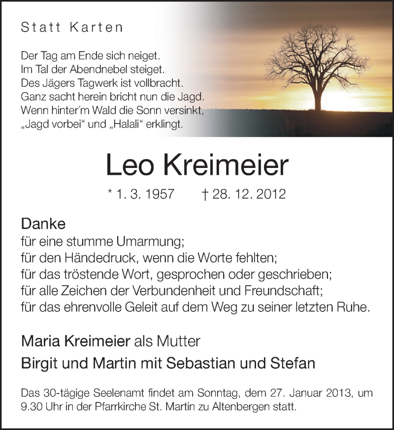  Traueranzeige für Leo Kreimeier vom 26.01.2013 aus Neue Westfälische