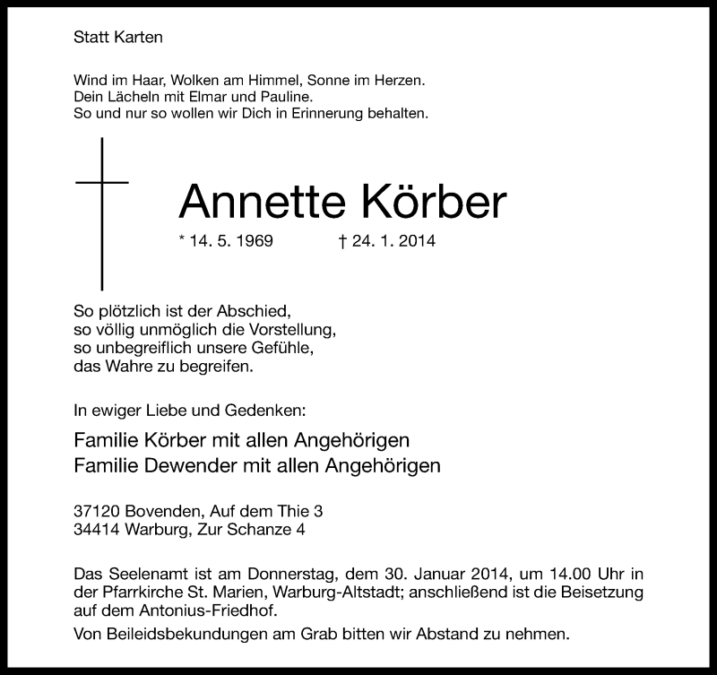  Traueranzeige für Annette Körber vom 28.01.2014 aus Neue Westfälische