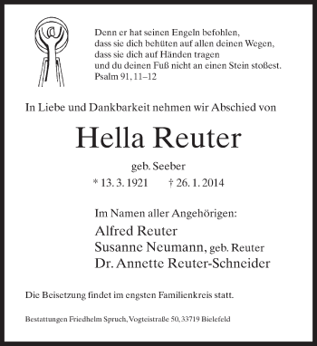 Traueranzeige von Hella Reuter von Neue Westfälische