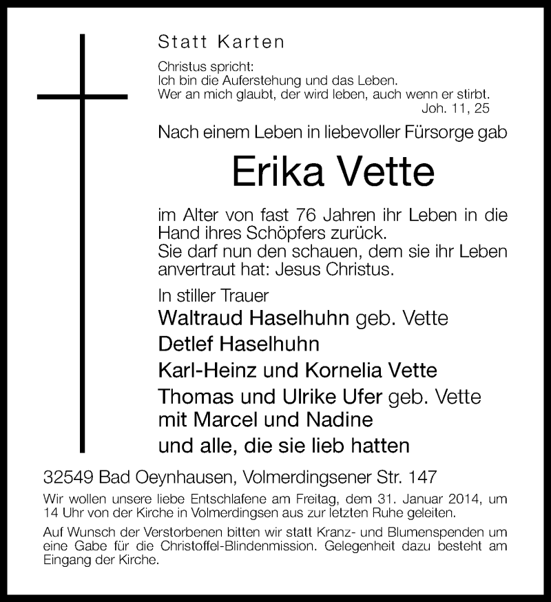  Traueranzeige für Erika Vette vom 30.01.2014 aus Neue Westfälische