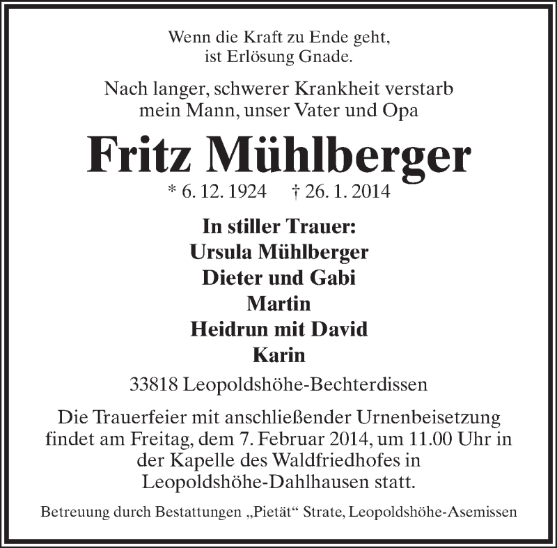  Traueranzeige für Fritz Mühlberger vom 01.02.2014 aus Neue Westfälische