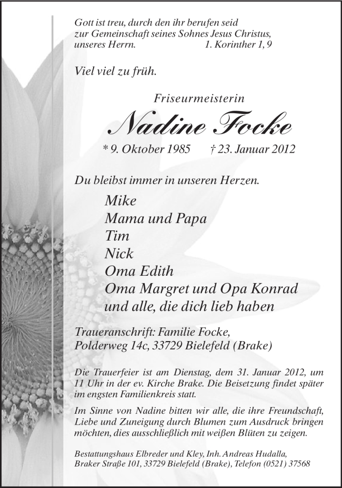  Traueranzeige für Nadine Focke vom 26.01.2012 aus Neue Westfälische