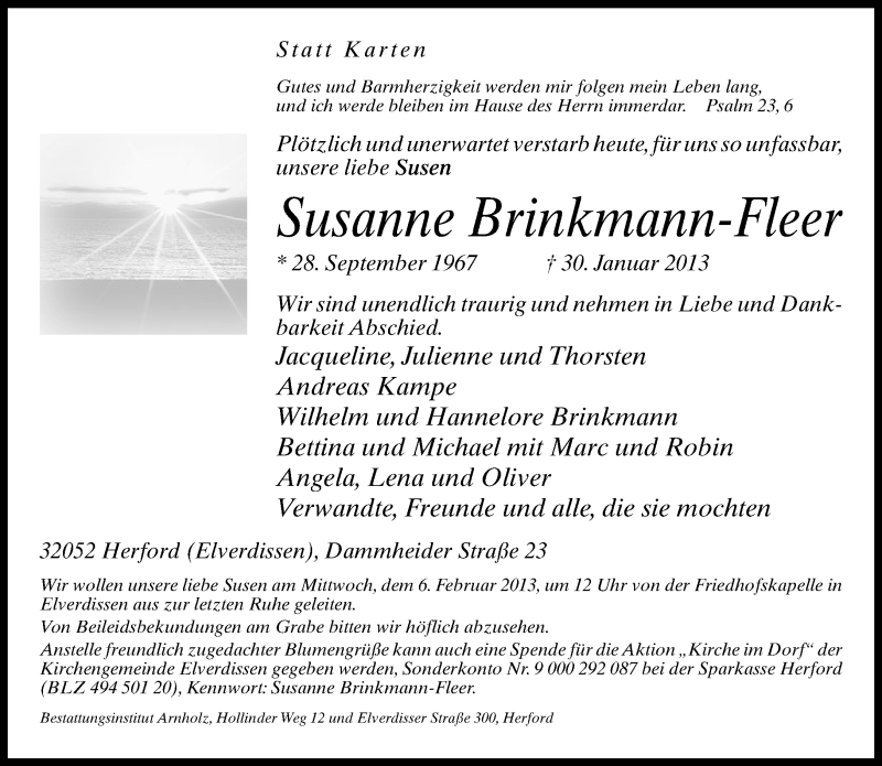  Traueranzeige für Susanne Brinkmann-Fleer vom 01.02.2013 aus Neue Westfälische