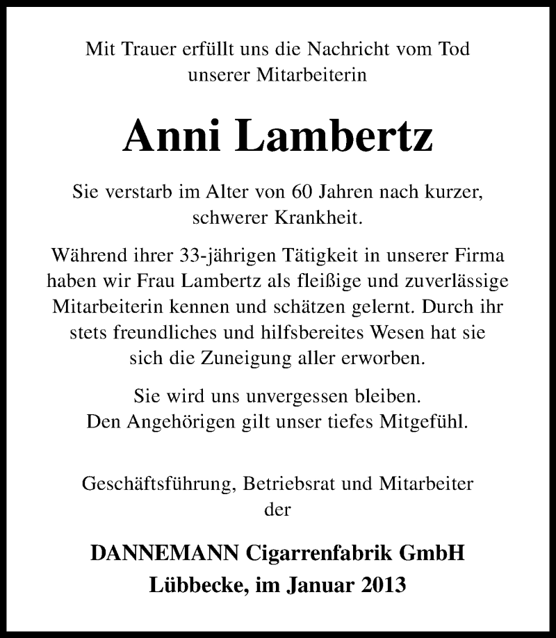  Traueranzeige für Anni Lambertz vom 02.02.2013 aus Neue Westfälische