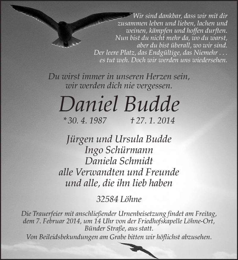  Traueranzeige für Daniel Budde vom 01.02.2014 aus Neue Westfälische