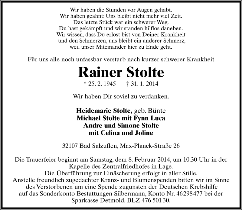  Traueranzeige für Rainer Stolte vom 04.02.2014 aus Neue Westfälische
