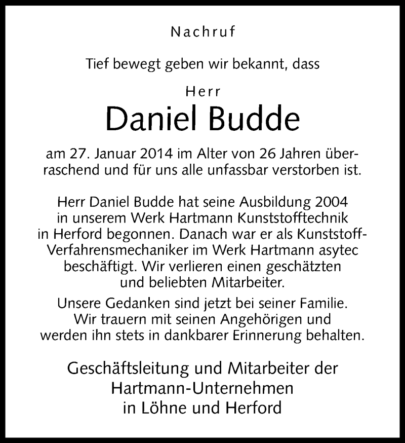  Traueranzeige für Daniel Budde vom 05.02.2014 aus Neue Westfälische