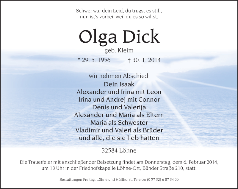  Traueranzeige für Olga Dick vom 04.02.2014 aus Neue Westfälische