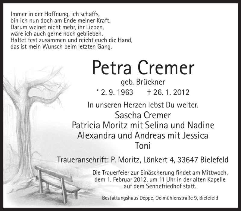  Traueranzeige für Petra Cremer vom 28.01.2012 aus Neue Westfälische