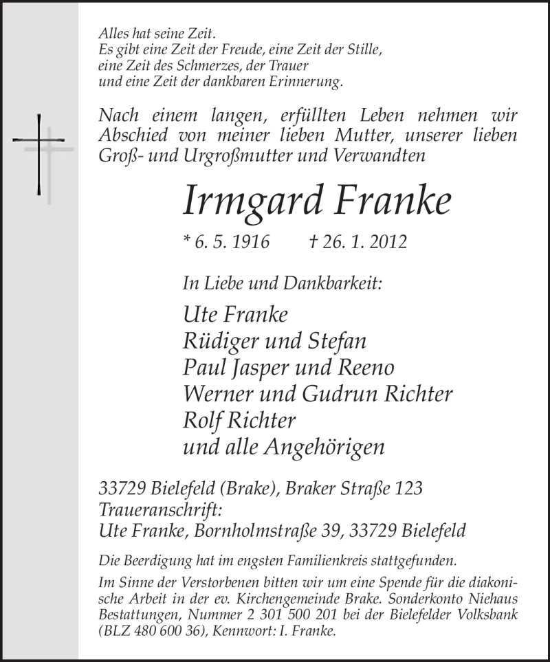  Traueranzeige für Irmgard Franke vom 04.02.2012 aus Neue Westfälische