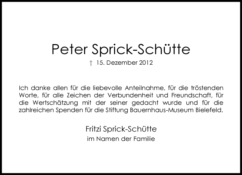  Traueranzeige für Peter Sprick-Schütte vom 02.02.2013 aus Neue Westfälische