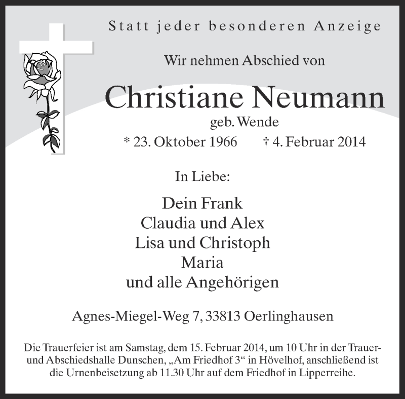  Traueranzeige für Christiane Neumann vom 08.02.2014 aus Neue Westfälische