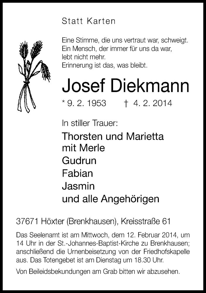  Traueranzeige für Josef Diekmann vom 08.02.2014 aus Neue Westfälische