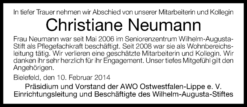  Traueranzeige für Christiane Neumann vom 11.02.2014 aus Neue Westfälische