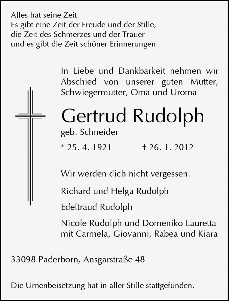  Traueranzeige für Gertrud Rudolph vom 04.02.2012 aus Neue Westfälische