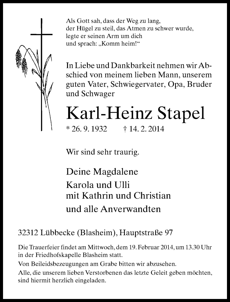  Traueranzeige für Karl-Heinz Stapel vom 17.02.2014 aus Neue Westfälische