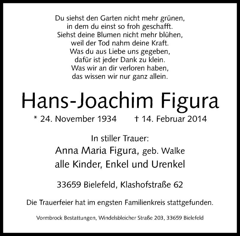  Traueranzeige für Hans-Joachim Figura vom 22.02.2014 aus Neue Westfälische