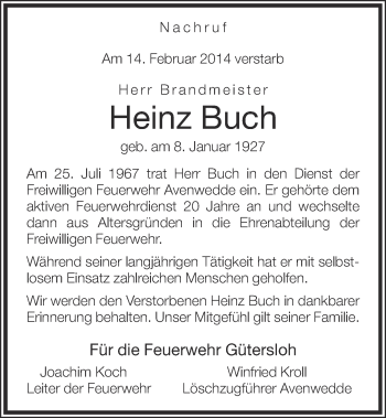 Traueranzeige von Heinz Buch von Neue Westfälische