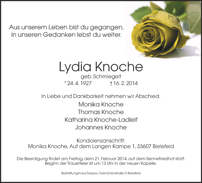  Traueranzeige für Lydia Knoche vom 19.02.2014 aus Neue Westfälische