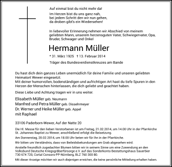 Traueranzeige von Hermann Müller von Neue Westfälische
