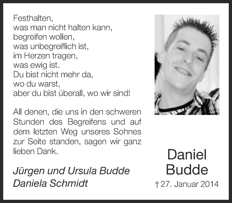  Traueranzeige für Daniel Budde vom 22.02.2014 aus Neue Westfälische