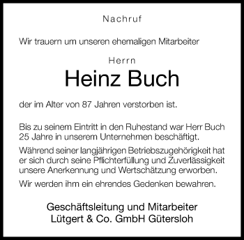 Traueranzeige von Heinz Buch von Neue Westfälische