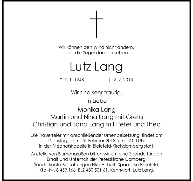  Traueranzeige für Lutz Lang vom 16.02.2013 aus Neue Westfälische