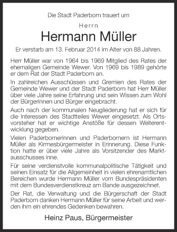Traueranzeige von Hermann Müller von Neue Westfälische