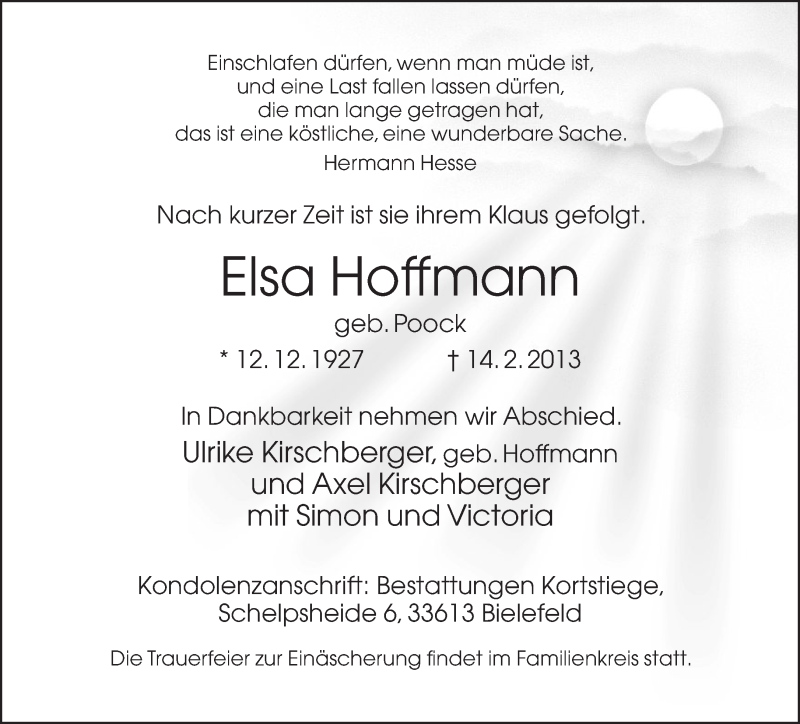  Traueranzeige für Elsa Hoffmann vom 18.02.2013 aus Neue Westfälische