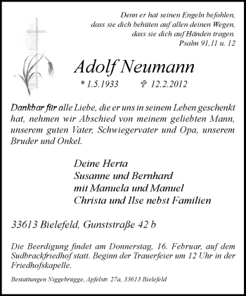 Traueranzeige von Adolf Neumann von Neue Westfälische