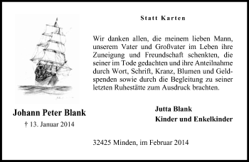 Traueranzeige von Johann Peter Blank von Neue Westfälische