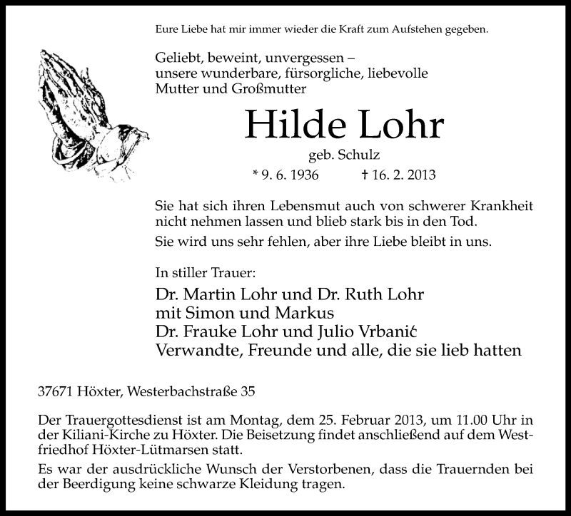  Traueranzeige für Hilde Lohr vom 19.02.2013 aus Neue Westfälische