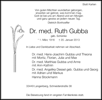 Traueranzeige von Ruth Gubba von Neue Westfälische