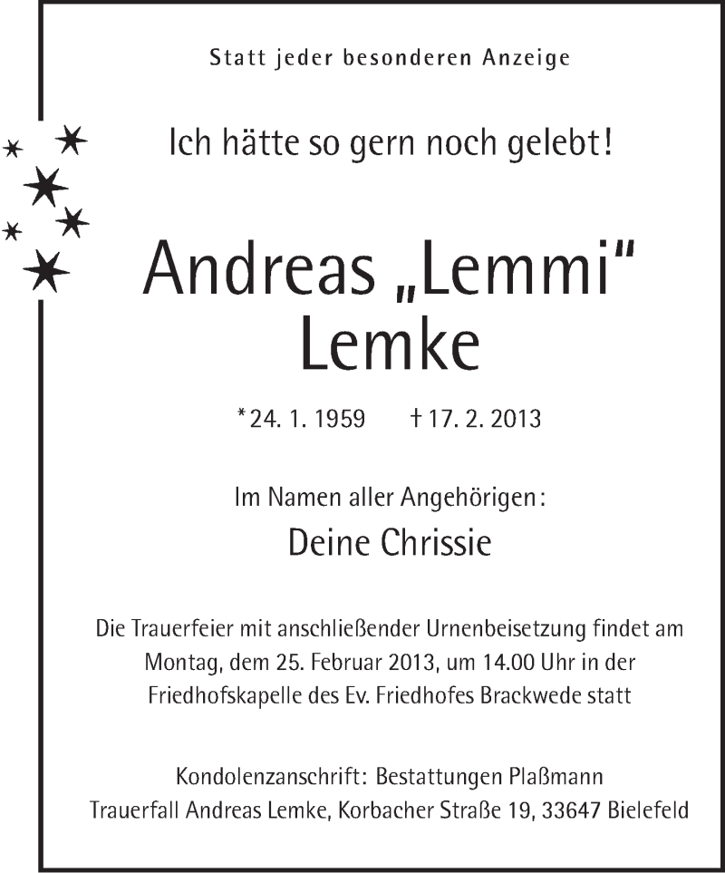  Traueranzeige für Andreas Lemke vom 20.02.2013 aus Neue Westfälische