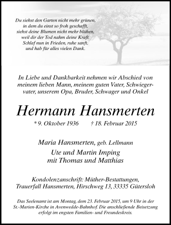 Traueranzeige von Hermann Hansmerten von Neue Westfälische