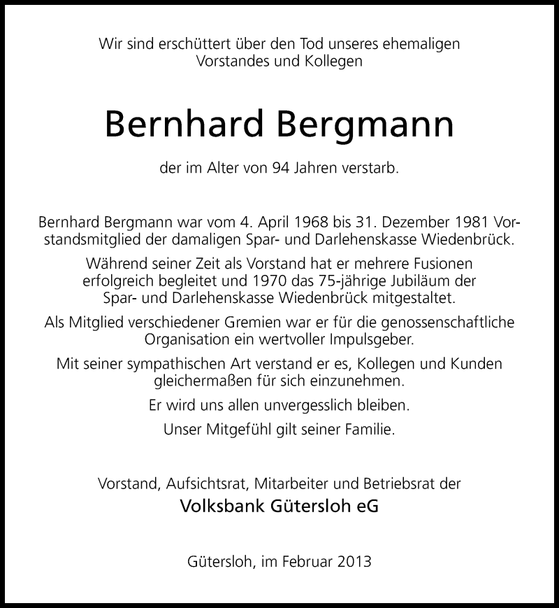  Traueranzeige für Bernhard Bergmann vom 20.02.2013 aus Neue Westfälische